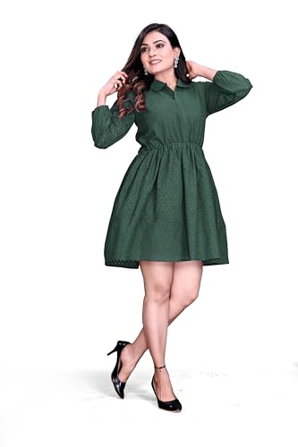 Image of Women's Cotton Self Design Chicken Work Midi Dress for Women | One Piece Dress for Women