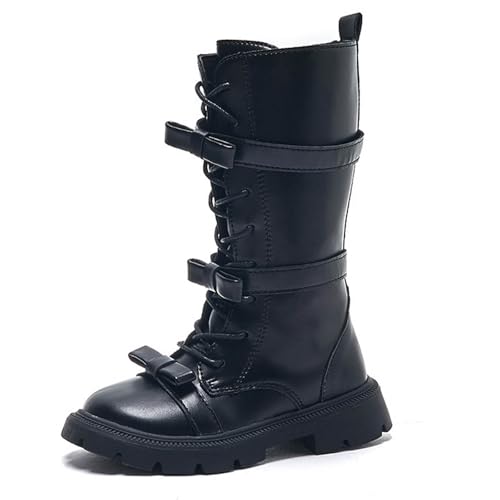 Girls Knee High Boots Fashion Lace-Up Side Zipper Combat Riding Boots Winter Kids Leather Mid Calf Boot Shoes for Toddler3