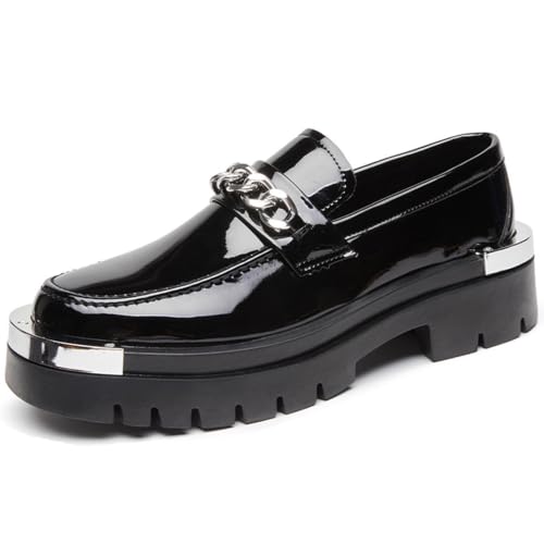 Men's Fashion Platform Loafers Patent Leather Chunky Dress Shoes Comfort Non-Slip Slip-On Lug Sole Casual Shoes for Party Business & Daily Wear (10,Black H)