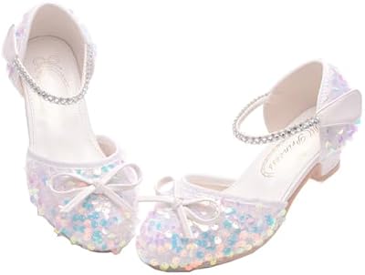 Girls Glitter Low Heels Dress Pump – White Sequin Mary Jane Shoe with Princess Bow for Toddlers & Ki...