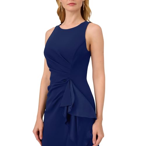 Adrianna Papell Women's Ruffle Crepe Halter Gown | Sleeveless Formal Evening Gown with High Low Ruffle Skirt, Navy Sateen, 10 by Adrianna Papell - Image 4