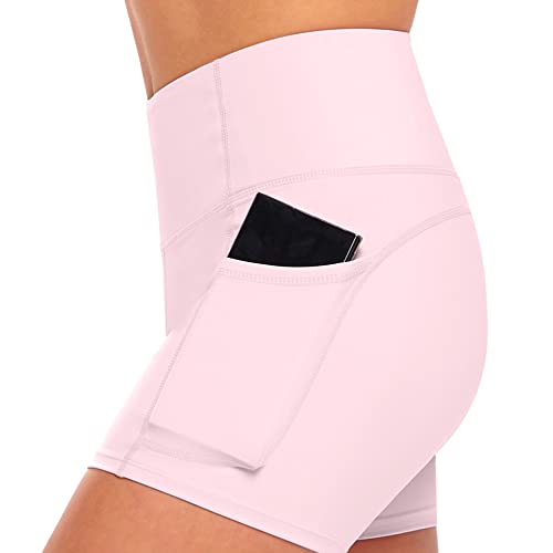 Natural Uniforms Women's High Waist Yoga Shorts with Tummy Control (Pink, Medium)