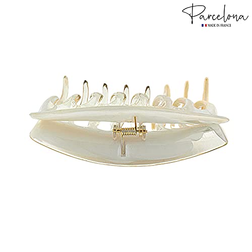 Parcelona French Curved Arch Clear Beige Large 3 3/4" Cellulose Acetate Interlocking Teeth Jaw Claw Hair Clip Clamp Clutcher For Women And Girls, Made In France #TOP4