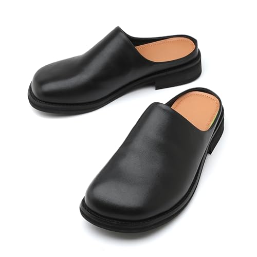Men's Leather Mules Slippers Round Toe Low Heel Slip-On Loafers Comfortable Breathable Backless Soft Sole Casual Shoes2