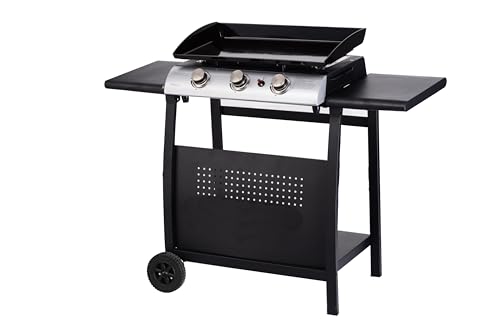 Gas BBQ 3 Burner Plancha Flat top Griddle in Stainless Steel with Stand and Side Tables