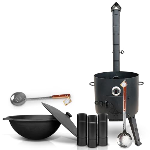 Gusseisen Kazan 16 L Kasan Казан mit Feuerofen Utschak Ø 44 cm runder Boden Verlängerungsrohr Thermometer Schaumlöffel für Plov Учак Учаг Uchag Asia (Set 3)