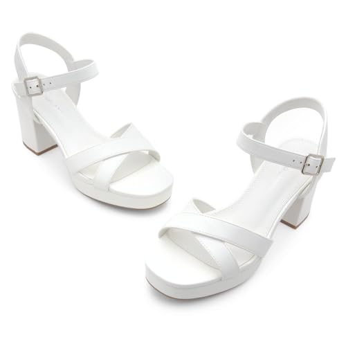 Image of Shoe Land Platform Heels for Women - 3 Inch Chunky Block Heeled Sandals, Square Open Toe, Ankle Strap Dressy Strappy High Heels for Wedding, Party & Evening Events