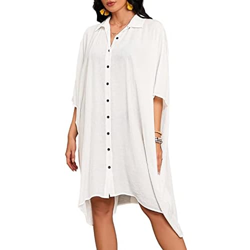 AILUNSNIKA Casual Swimsuit Cover Up For Women Loose Beach Bikini Dress L-white