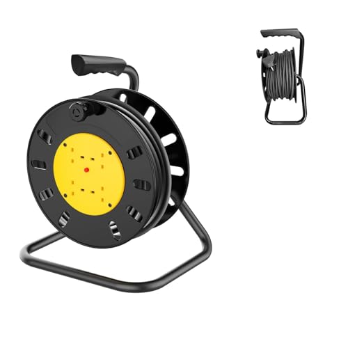 Cable Reel 50m, 4 Socket, UK Plug, 13A, Thermal Cut Out, Heavy Duty, Compact Orange Extension Lead for Home, Garage, Indoor & Outdoor DIY