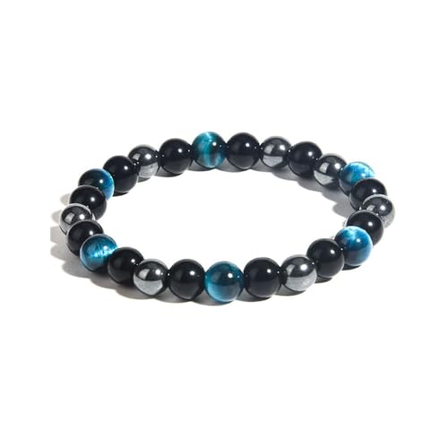 Caiyao 8mm Tiger Eye Stone Black Obsidian Hematite Bracelet Relax Anxiety Beaded Triple Protection Jewelry Bead Stone Chakra Gemstones Bracelets for Women-Sky Blue