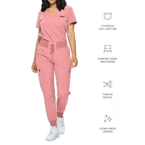 Image of Monarch Uniforms Slim Fit Stretchy Scrubs Women's Jogger Scrub Set Slim Jogger Scrubs with Tuck-In Top for Women (MAUVE-L)