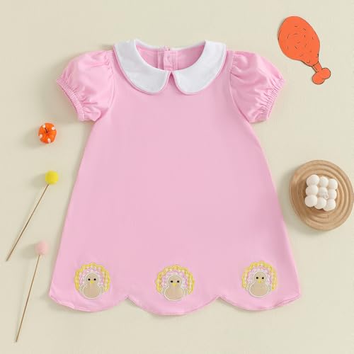 Kids Toddler Baby Girl Thanksgiving Outfit Turkey Embroidery Short Sleeve Peter Pan Collar Dress Clothes Fall4