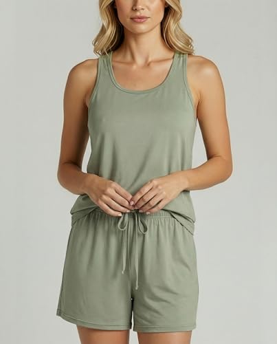 Image of Real Essentials 4 Piece: Women's Super-Soft Tank Top and Short Pajama Set - Loungewear Sleepwear (Available in Plus Size)