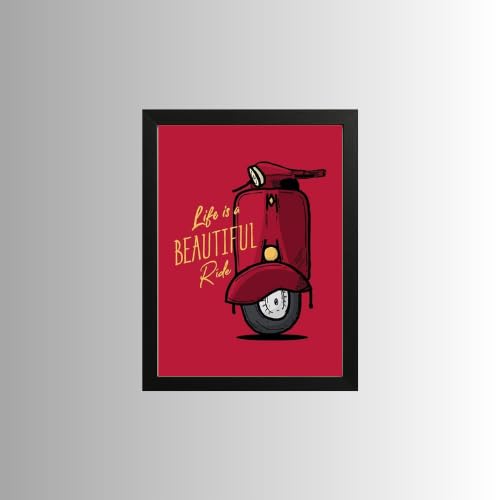 Image of Vintage Scooter Wall Art Frame | Life is a Beautiful Ride Quote Poster | Retro Vehicle Wall Decor | Modern Home & Office Decoration