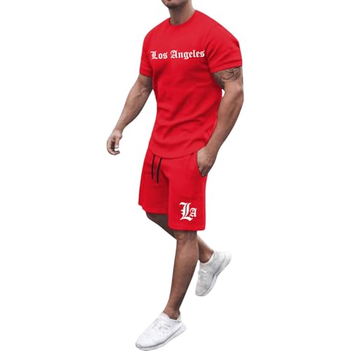 Image of Men's Letter Print Short Sleeve Tee Shirts for Summer Casual Wear, Soft Cotton Blend Fabric with Fade-Resistant Graphics, Lightweight Breathable Top (Red, S)