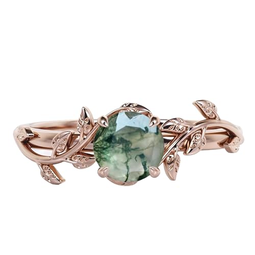 Natural Moss Agate Ring for Women Premium Rose Gold Plated Green Agate Engagement Ring Promise Ring Jewelry Gift for Women Agate Ring Wedding Womens Moss Agate Ring (MultiStone)