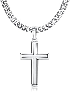 KRFY 925 Sterling Silver Cross Necklace for Men Women with 5mm Stainless Steel Diamond-Cut Solid Curb Cuban Link Chain Necklace 18K Gold Plated Large Beveled Edge Cross Necklace Jewelry 18-30 Inches
