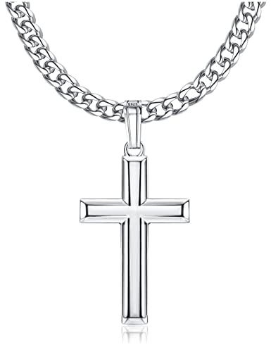 Milacolato Collier Homme Argent Croix Collier pour Homme et Femme en Argent Sterling 925 avec Chaîne De Crucifix Cubaine en 5mm Plaqué Or 18 Carats Grand Croix Biseauté 18-34 Pouces Cover