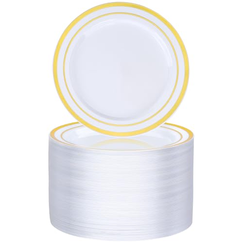 BESTVIP 100PCS Gold Plastic Plate, 7 Inch Disposable Dessert Plate Party with Gold Rim, Heavy Duty Disposable Plastic Plates for Party, Wedding and Birthday BESTVIP 100PCS Gold Plastic Plate, 7 Inch Disposable Dessert Plate Party with Gold Rim, Heavy Duty Disposable Plastic Plates for Party, Wedding and Birthday