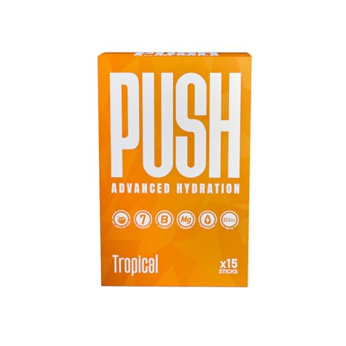 PUSH Hidratación Avanzada - 15 Sticks - Agua de Coco Natural, Electrolitos, Probióticos, Hierro, Zinc, Vitaminas y BCAAs. Sin cafeína, Sin Azúcar añadido (15 STICKS, TROPICAL)