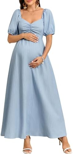 CYCLAMEN Boho Maternity Photoshoot Dress Sweetheart Neck Puff Sleeve Pleated A Line Maxi Pregnancy Gown for Baby Shower, Blue Grey, XX-Large Fashion