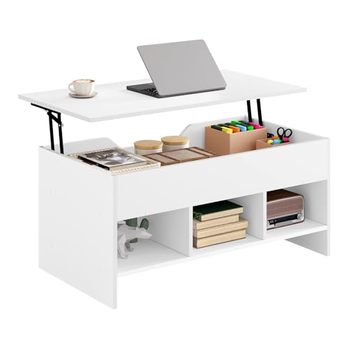 WOLTU Mesa de Centro Elevable y Extensible Con Superficie Elevable, 3 Estantes Abiertos, Auxiliar para Salón, Baja para Sofá, Mueble de Salón, Color Blanco, 96x51x45 cm