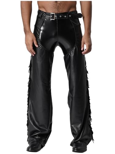 iiniim Mens Patent Leather Hollow Out Motorcycle Riders Chaps Pants Western Cowboy Trousers