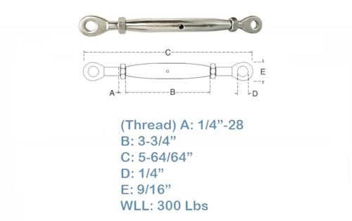 Juego de 5 tensores Ojal/Ojal de cuerpo cerrado de acero inoxidable 1/4" con límite de 300 libras miniatura 3