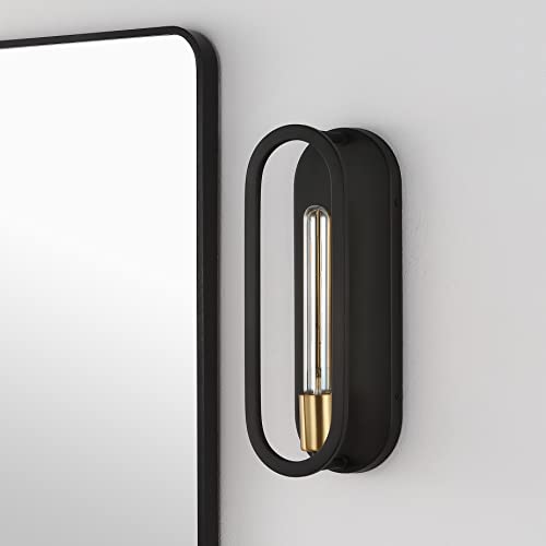 Image of JONATHAN Y 4.75 inch Black /Brass Gold LED Wall Sconce, 1-Light Mid-Century Lamp for Bathroom Vanity, Bedroom, Hallway, Dimmable Bohemian Metal Fixture, LED Bulb Included (JYL9917B)