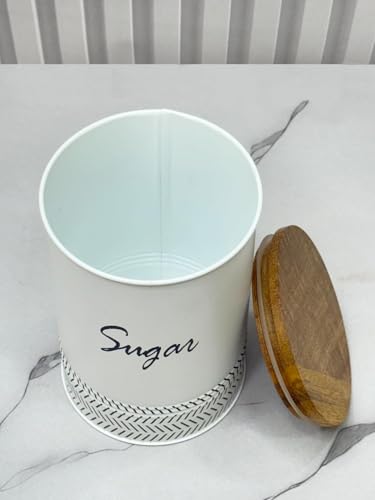 Image of JISCOVERY Airtight Tea, Sugar & Coffee Container Set of 3| Metal Storage Canister with Wooden Lid for Kitchen| Storage Box for Kitchen Counter Top| 1300 ML| White