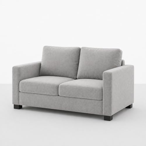 Image of FURNY Haster 3 Seater + 2 Seater Fabric Sofa Set with 1 Ottoman (Light Grey) with Velvet Finish | Durable Comfort | Ideal for Living Room