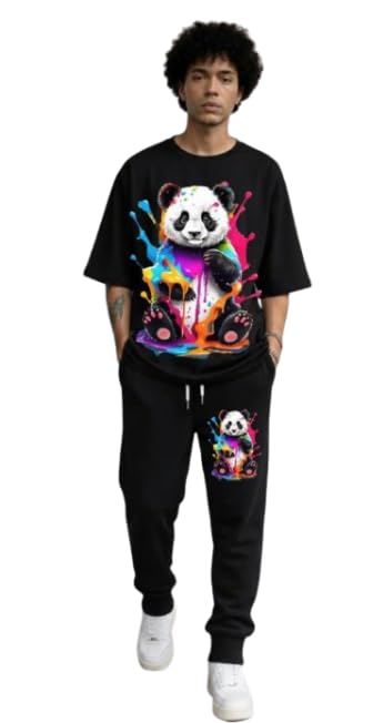 Men's Tracksuit Set with Colorful Panda Graphic Print, Black T-Shirt and Joggers, 2 Piece Outfit (IN, Alpha, L, Regular)-image-31