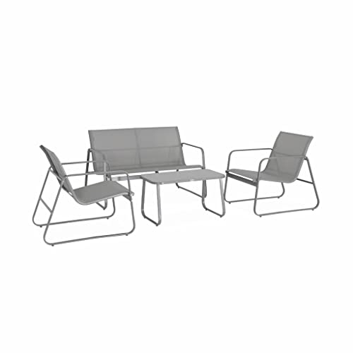 Alice's Garden - Salon de Jardin en métal et textilène pour 4 Personnes. Gris Clair. Design