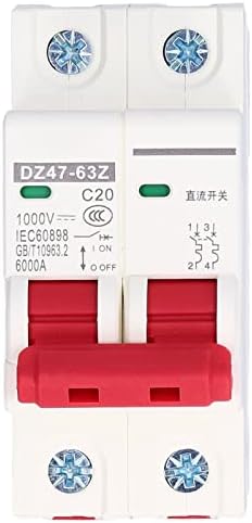DC Miniature Circuit Breaker, 2 Pole 1000V 20A Disconnect Switch DIN Rail Mount Solar PV System Isolator Electromagnetic Trip Breaker Protector DZ47‑63Z C20