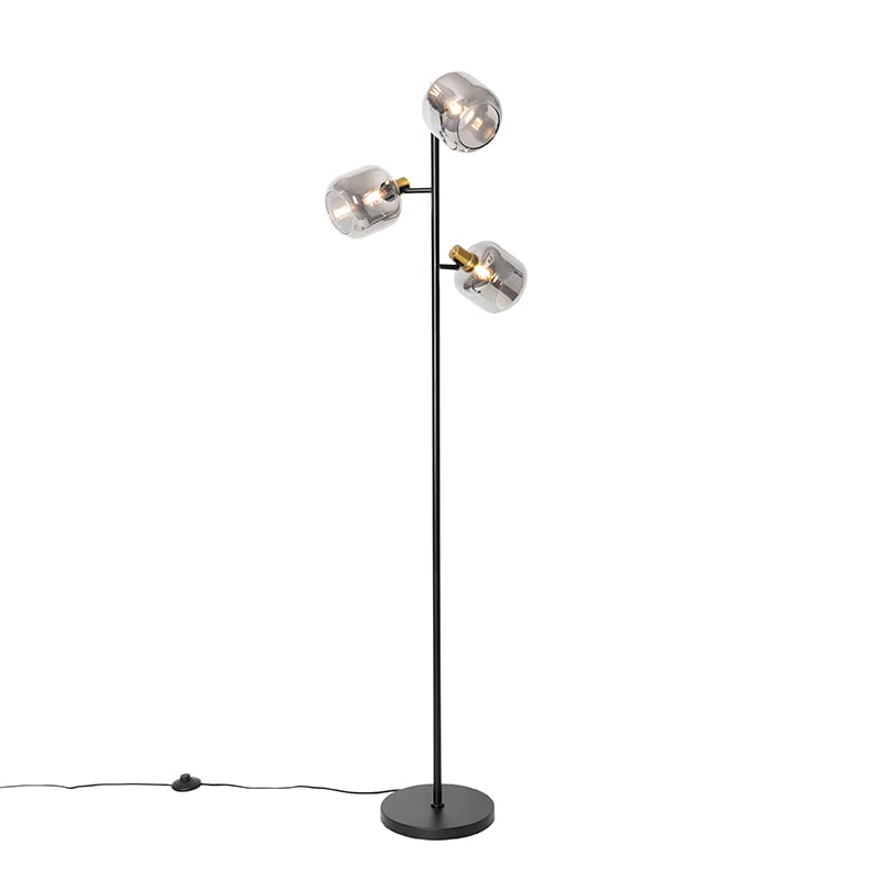 Qazqa - Floor lamp Black with Gold with Smoke Glass 3 Lights - Zuzanna- - Modern - Suitable for LED E14 | 3 Light - Glass Floor lamp - Suitable for Living Room I Bedroom I