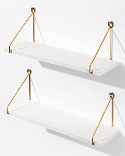 Image of Wall Shelf for Living Room, Wood Hanging Storage Organizer with Metallic Gold and Black Accents, Modern Wall-Mounted Decorative Floating Shelves for Bedroom, Office, or Entryway (White)