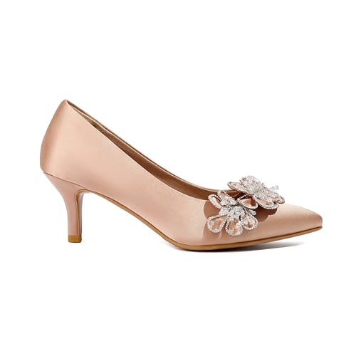 Women's Kitten Heels 2" Handmade Rhinestone Flower Satin Pumps Wedding Party Prom Dress Shoes2