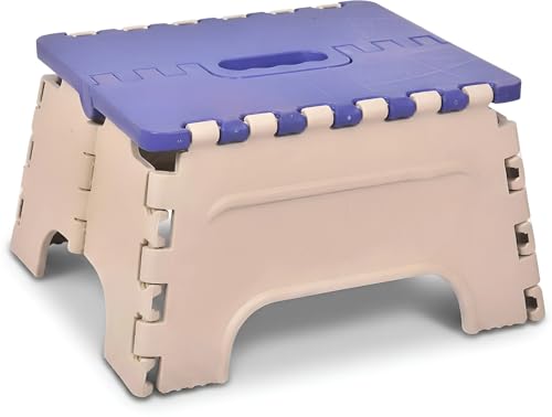 Image of 7 Inches Foldable Plastic Step Stool for Home & Kitchen, Portable Non-Slip Folding Stool, Heavy Duty Multipurpose Foot Rest for Bathroom, Office & Outdoor Use (Blue-Ivory)