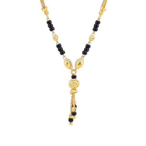 Image of MAIRA 1gm Micron 925 Sterling Silver 18K Gold Plated Hypoallergenic Black Beads Kala Mani Mangalsutra | Tanmaniya | Chandi Necklace Jewellery | Pure Silver Gift for Women