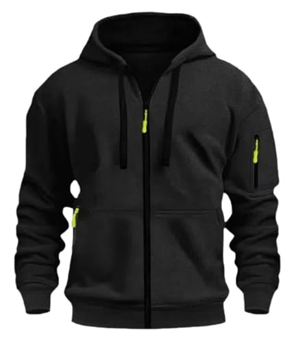 MakingDa Men's Zipped Hoodie Pullover Pockets Long Sleeve Zip-Up Cuffed Shirts Hoody Fleece Solid Regular Fit Casual Hooded Sweatshirt Tops Black L