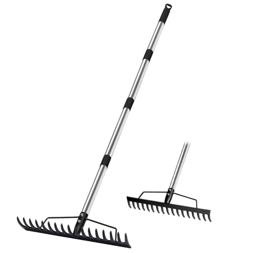 HeGeed レーキ 熊手 ガーデンレーキ 伸縮レーキ 長さ調節可能 87.5cm-167cm ステンレス柄付 スチール17爪 メタルヘッド 吊り下げ式 軽量 落葉掃き 整地作業/園芸/芝生のサッチ取り 園芸用農具