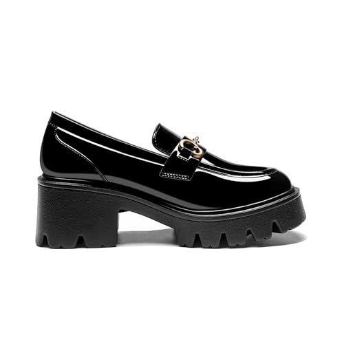 Image of Black Platform Loafers for Women - Women's Slip-On Leather Loafers, Chunky Comfort Shoes for Work & Dressy Occasions