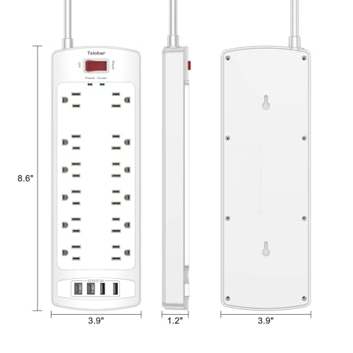 Image of 6 Ft Extension Cord Power Strip, Teiobar Surge Protector with 12 AC Outlets and 4 USB Ports for Home, Office, Dorm Essentials, 2700 Joules, ETL Listed, White
