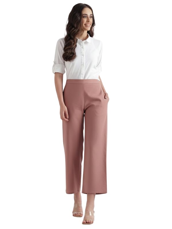 Image of SAADAA Women's Relaxed Fit Mid Rise Airy Linen Wide Leg Pants, High Waist Trousers for Formal, Casual & Office Wear