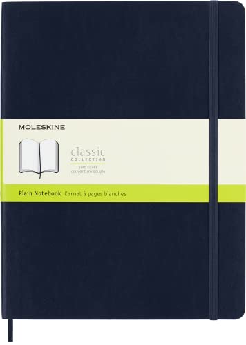 Moleskine Classic Plain Paper Notebook - Soft Cover and Elastic Closure Journal - Color Sapphire Blue - X- Large 19 x 25 A4 - 192 Pages