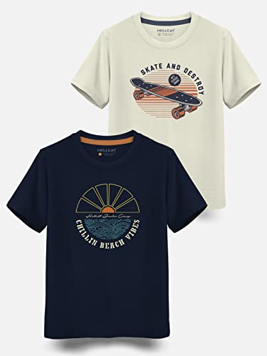 Image of HELLCAT Boys Round Neck Printed Blended Cotton Tshirt -Combo Pack of 2 - Orange /Blue