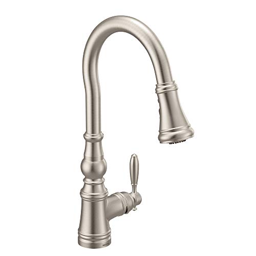 Get Discount 70% Price Moen S73004SRS Weymouth Shepherd's Hook Pulldown Kitchen Faucet Featuring Metal Wand with Power Boost, Spot Resist Stainless