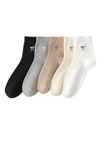 Women's 5 Pairs Bowknot Embroidery Crew Socks Ribbed Knit Soft Socks Set