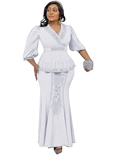 Mermaid Two Pieces Formal Dress for Wedding Guest Puffy Long Sleeves Beaded V Neck African Dresses