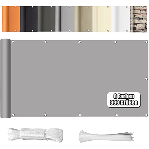 Brise vue Balcon - Clôture de protection de la vie privée - Balcon - Jardin - Terrasse avec œillets - Cordes - Imperméable - Anti-UV avec attaches - 90 x 300 cm - Gris clair